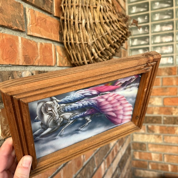 VTG 80’s Maximalism Pegasus and Foal Wooden Framed Print - Picture 4 of 5